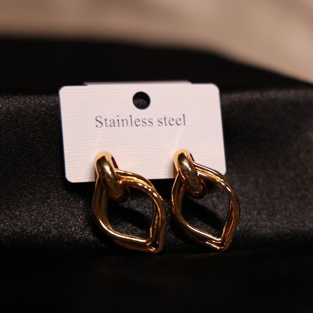 Gold Stainless Steel Geometric Interlocking Drop Earrings JW006